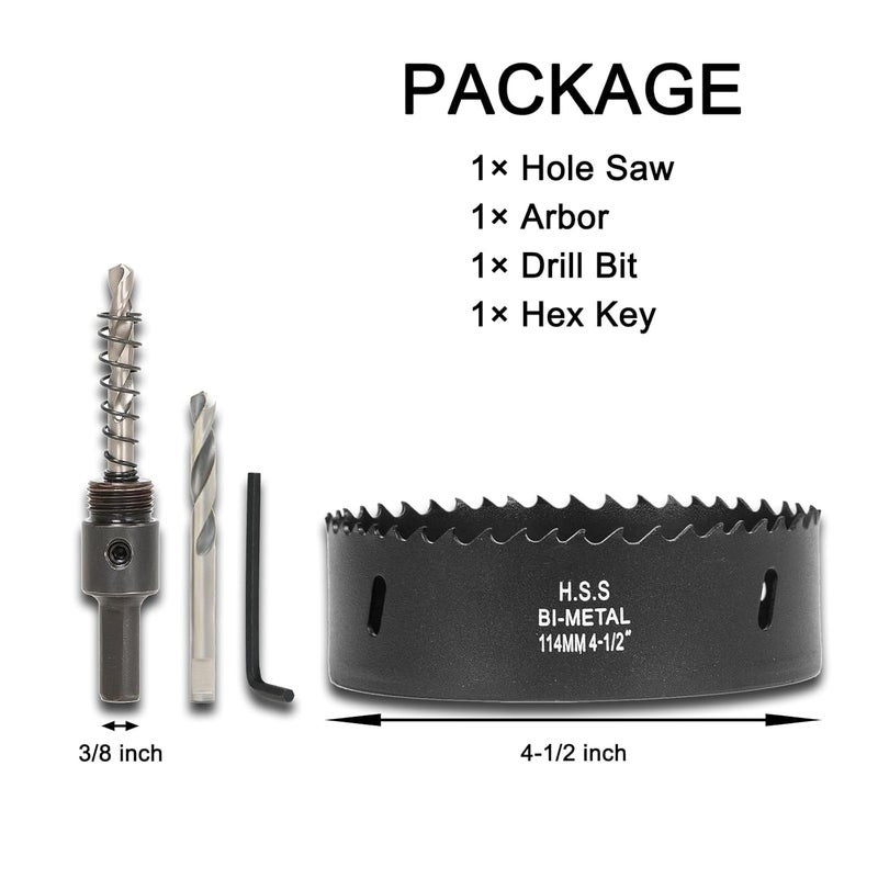VIKITON 4-1/2 Inch Hole Saw with Arbor for Wood Metal Plastic, 4.5 in Bimetal Hole Cutter, Fast Chip Removal, Smooth Flat Drilling Edge, Lightweight & Portable (Black) - Image 3